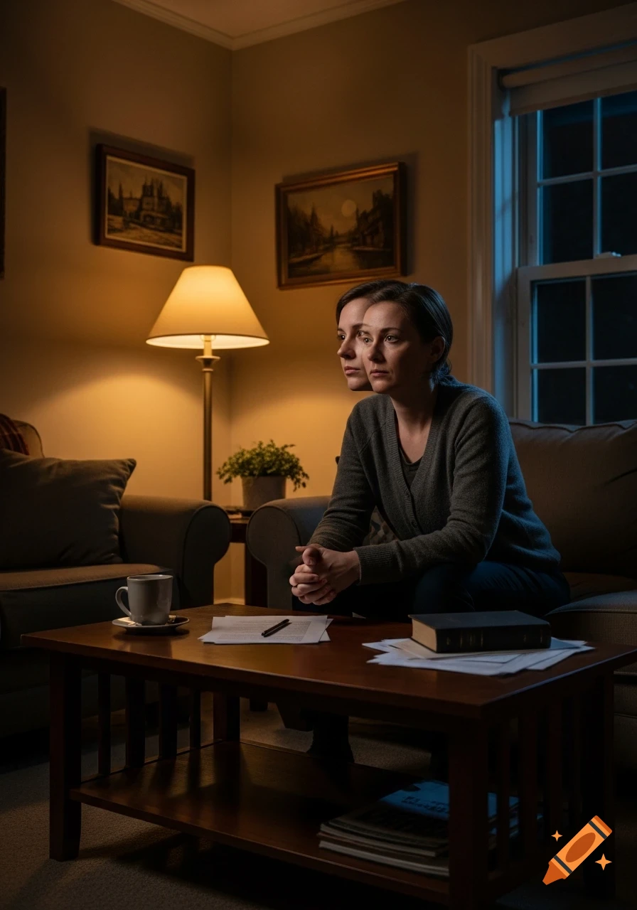 A woman with a second fused face on her head sits solemnly in a dimly lit living room, a photorealistic depiction.