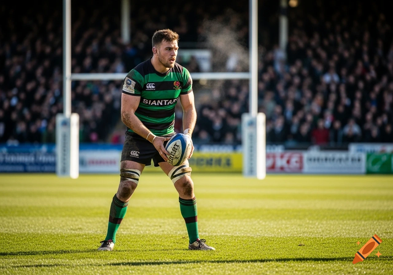 A male rugby player in a green and black striped jersey holds a rugby ball on a sunny field with a crowd in the background.