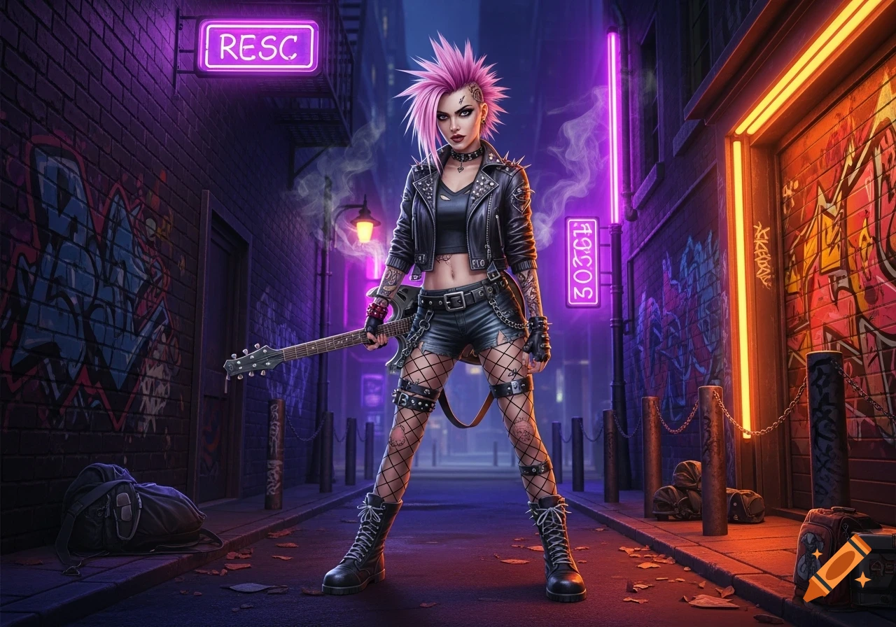 A pink-haired punk woman with a studded leather jacket and fishnet stockings holds a guitar in a neon-lit urban alleyway filled with graffiti.