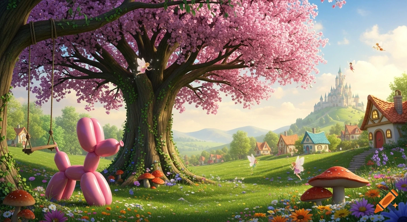 A vibrant fairy world features a large cherry blossom tree, a pink balloon dog, flying fairies, a distant castle, and colorful cottages.