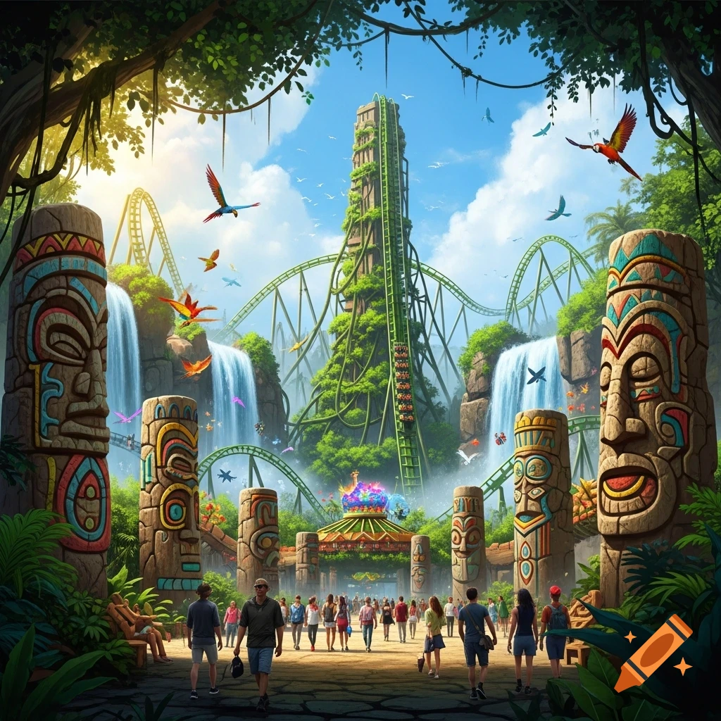 A vibrant jungle-themed amusement park with a towering roller coaster, lush waterfalls, decorative tiki statues, and visitors walking through.