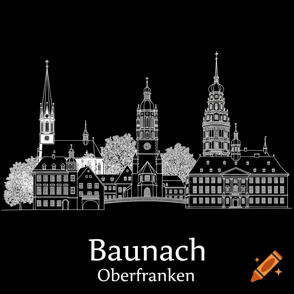 White silhouette of the Baunach cityscape with churches and buildings on a black background, text 'Baunach Oberfranken' below.