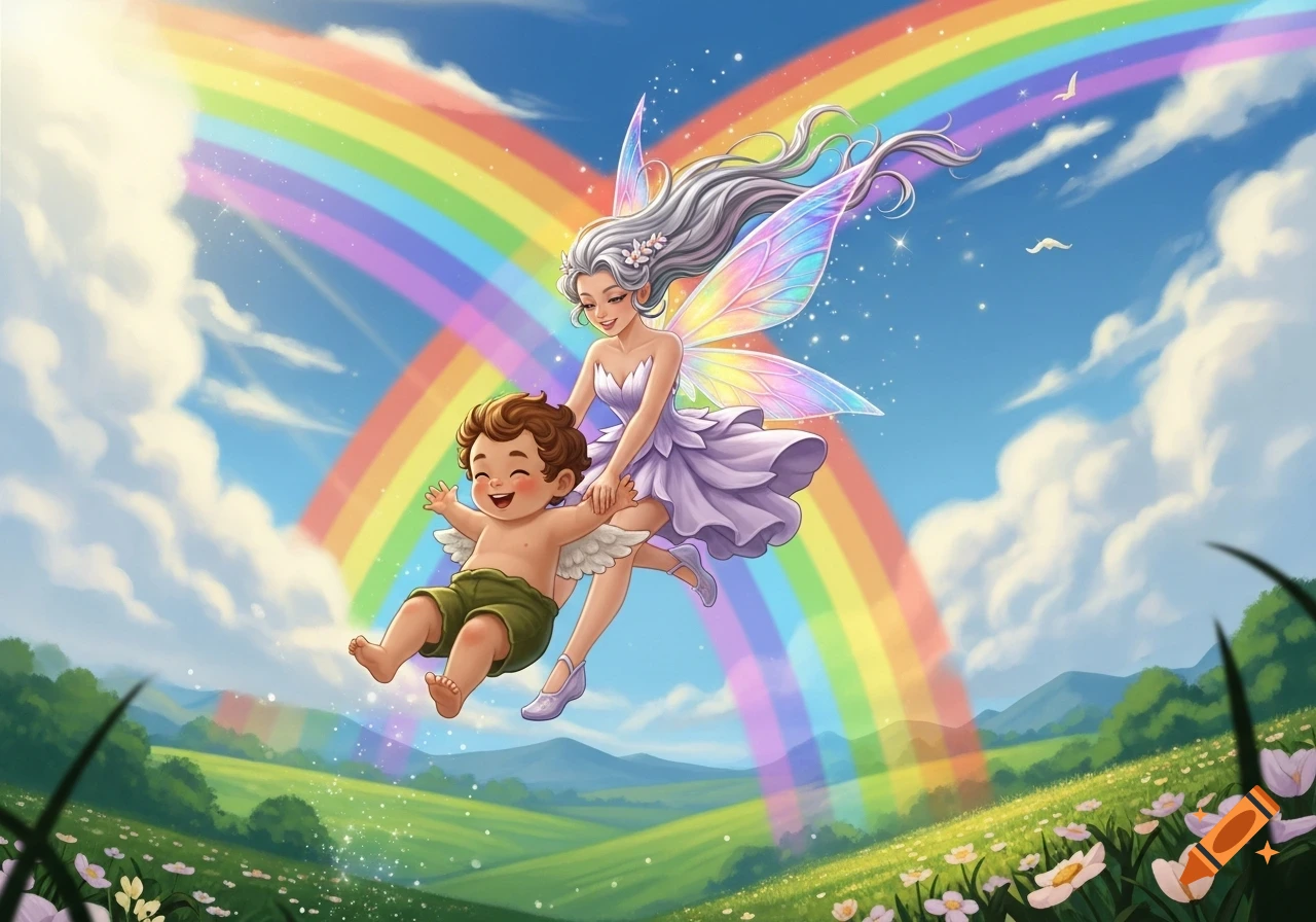 A smiling fairy and a cherub-like child slide down a vibrant rainbow over a flower-filled meadow under a blue sky, in an illustration.