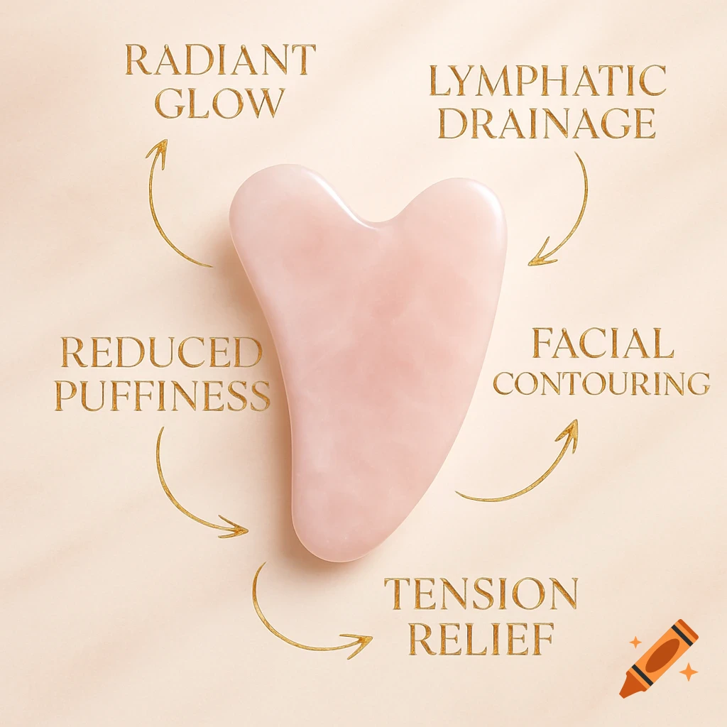 Pink gua sha stone on a light background with golden text and arrows pointing to it, listing benefits like Radiant Glow and Lymphatic Drainage.