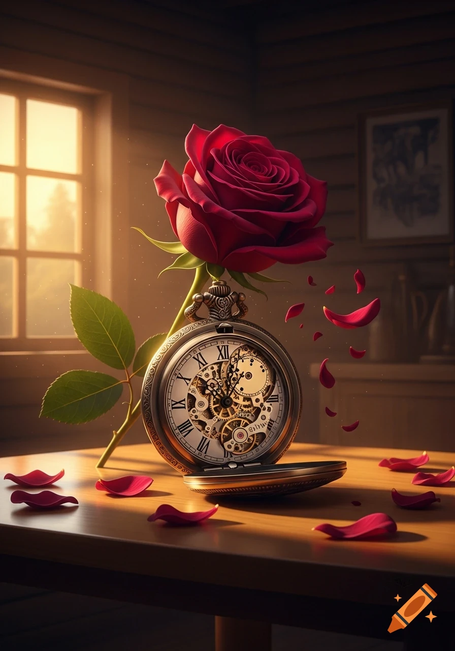 A vibrant red rose with a stem wrapped around an open pocket watch, with petals scattered on a wooden table in a sunlit room. Photorealistic style.