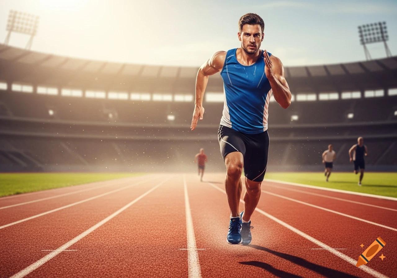 A muscular man in athletic wear runs on a red track in a sunlit stadium, with other blurred runners in the background.