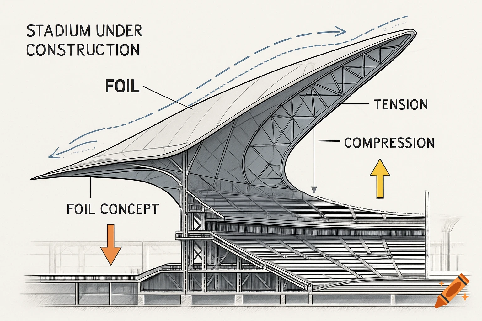 Detailed architectural diagram of a stadium under construction ...