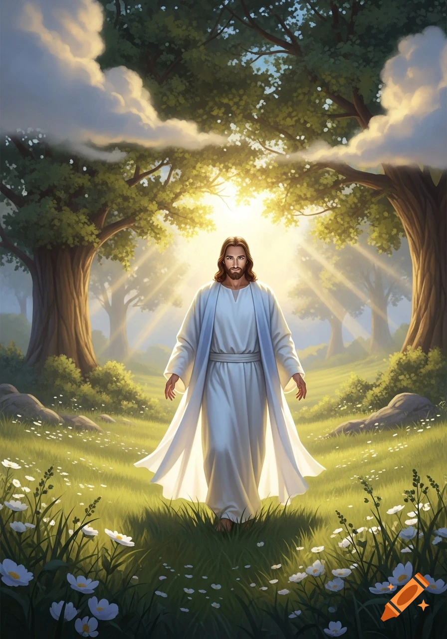 Jesus in a white robe walks through a sunlit, flowering meadow in a forest, rays of light shining behind him.