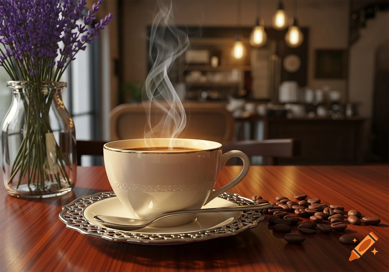 A steaming cup of coffee with a spoon and saucer, surrounded by coffee beans and a vase of lavender on a wooden table in a cafe.