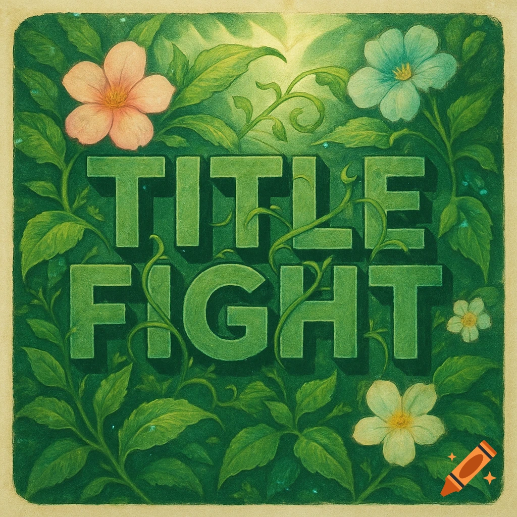 A green textured illustration of the words "TITLE FIGHT" amidst green leaves and pink, blue, and white flowers, designed like an album cover.