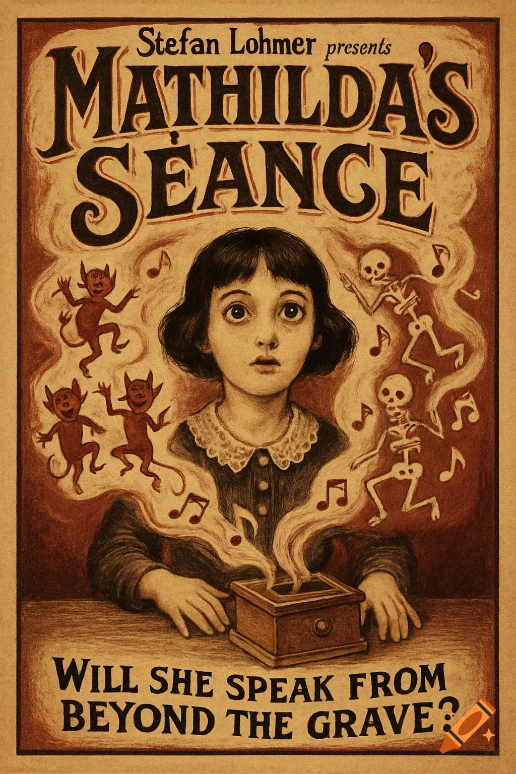 Vintage poster for 'Mathilda's Séance' showing a wide-eyed girl, small devils, and skeletons emanating from a box.
