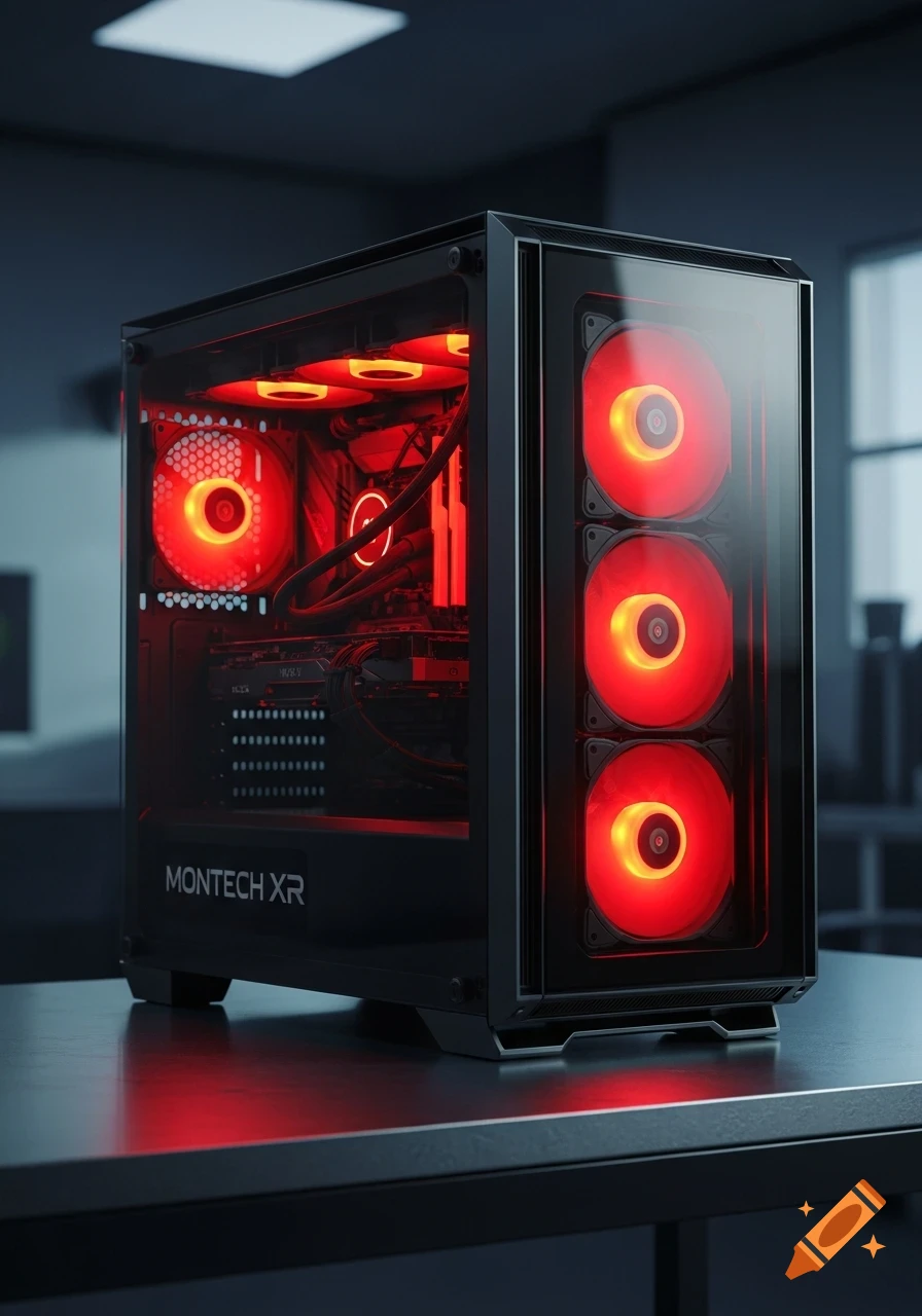 A black computer case with a glass side panel displaying red glowing internal fans and components on a dark table.