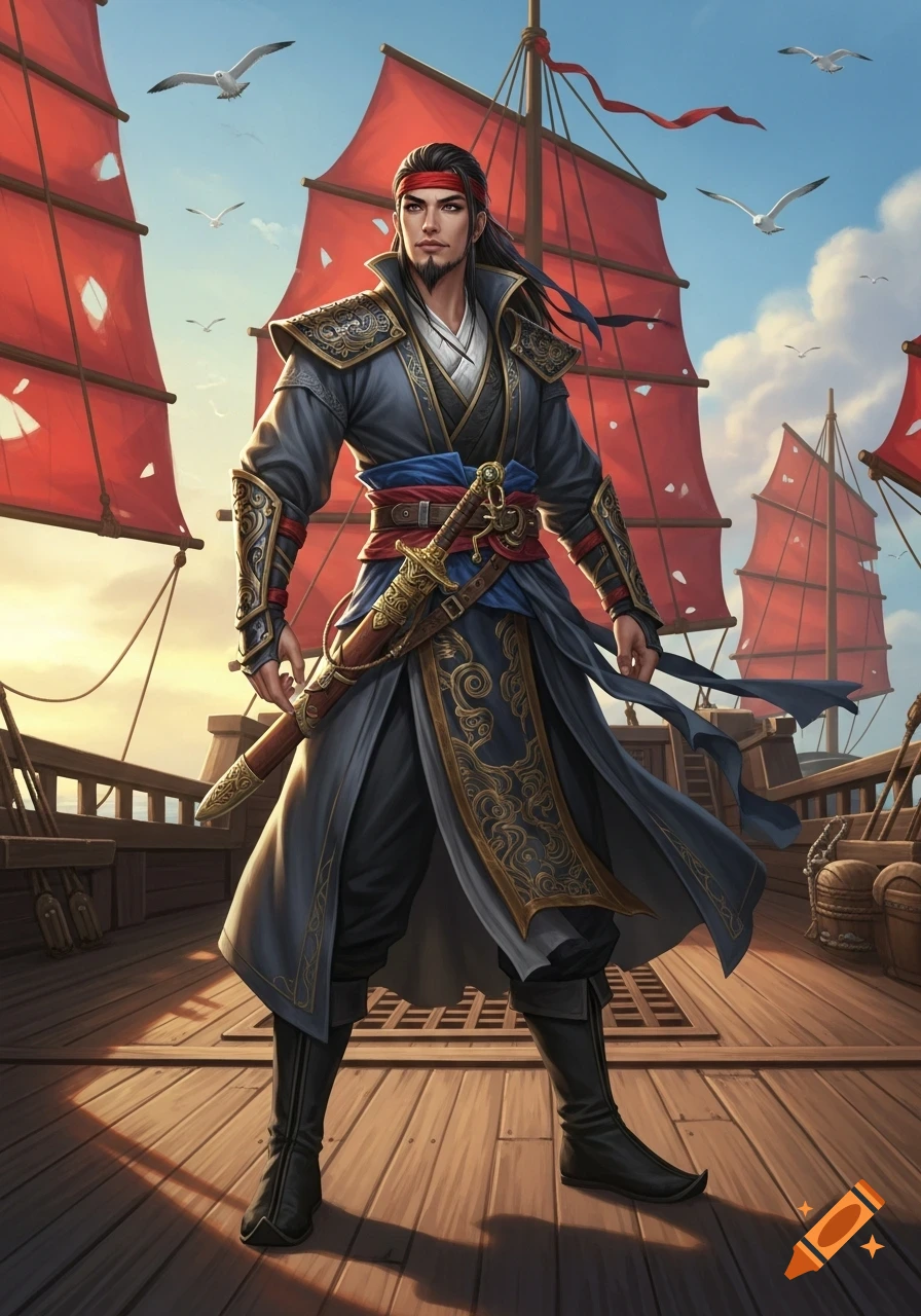 A confident man dressed as an East Asian pirate stands on a wooden ship deck with large red sails and gulls flying overhead.