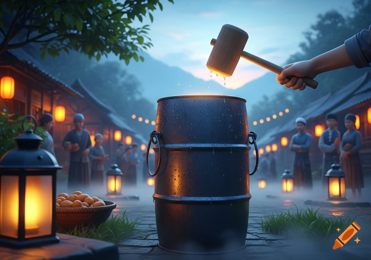 A person holds a wooden mallet over a steaming barrel in a misty, lantern-lit Asian village scene with people in the background.