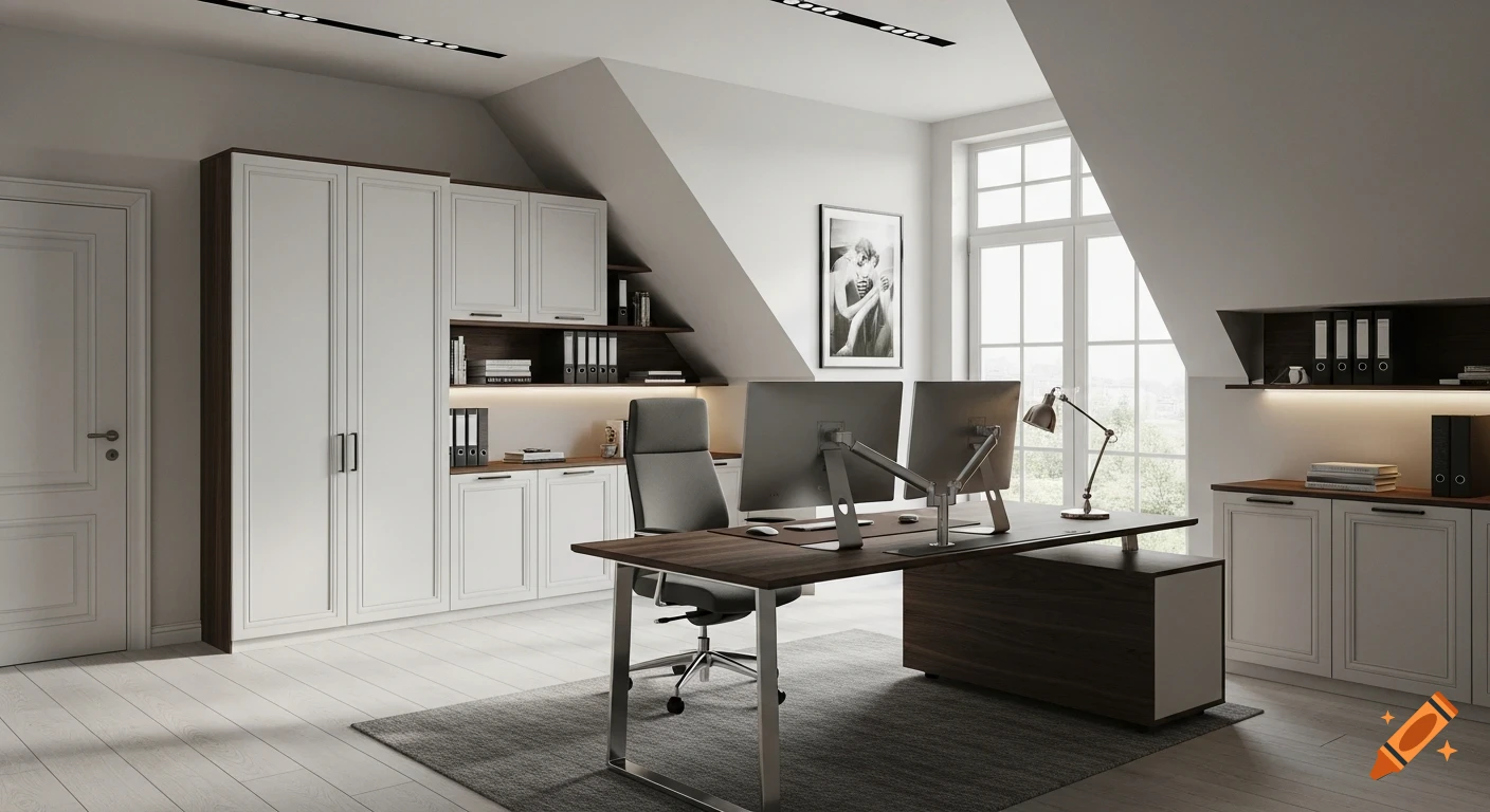 A modern, realistic home office with a dark walnut desk, dual monitors, ergonomic chair, white cabinets, sloped ceiling, and large window.
