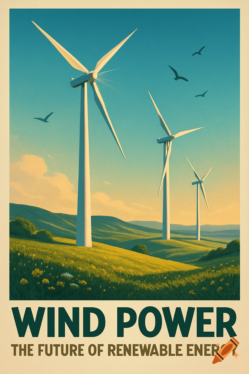 A stylized poster shows three wind turbines on rolling green hills under a blue sky, with text "WIND POWER THE FUTURE OF RENEWABLE ENERGY".