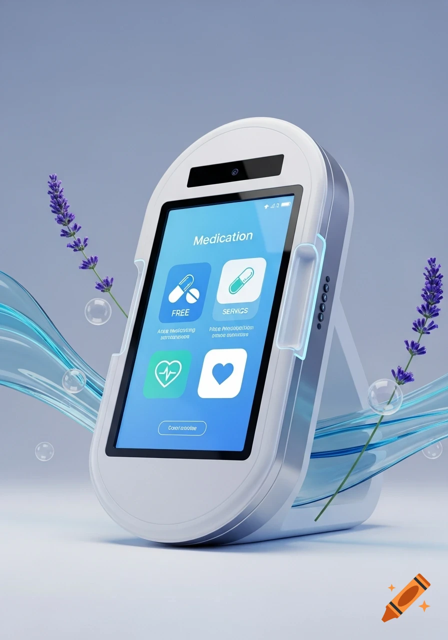 A white, modern medical device with a screen showing a 'Medication' app, surrounded by lavender and water.