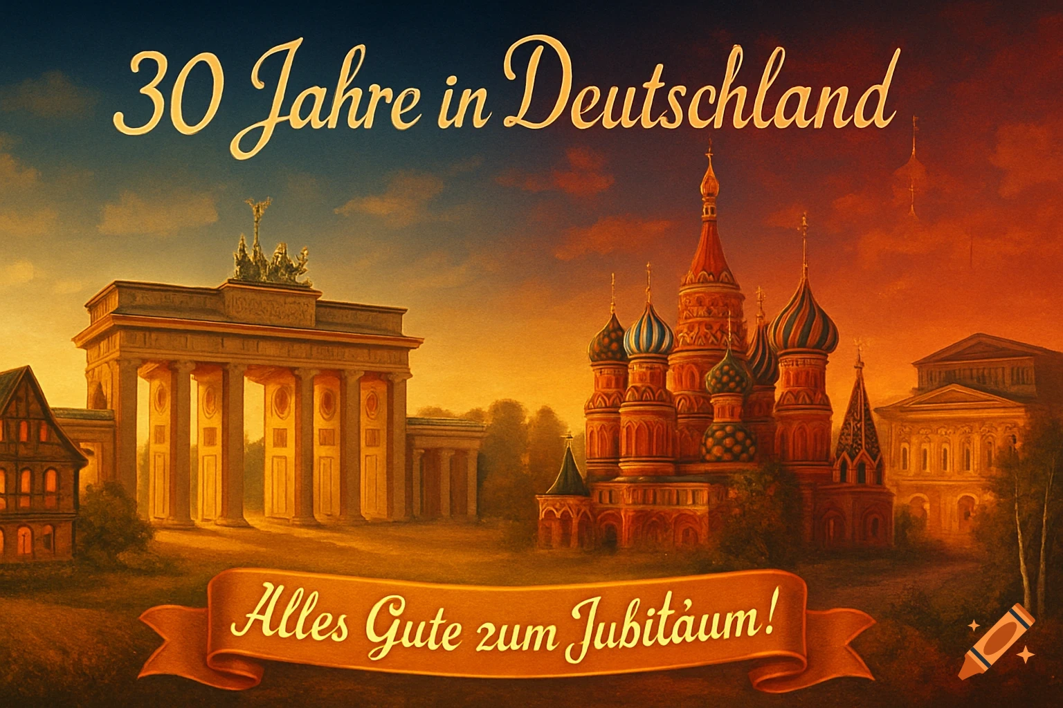 Painting of Brandenburg Gate and St. Basil's Cathedral at sunset. German text reads '30 Jahre in Deutschland' and 'Alles Gute zum Jubiläum!'.