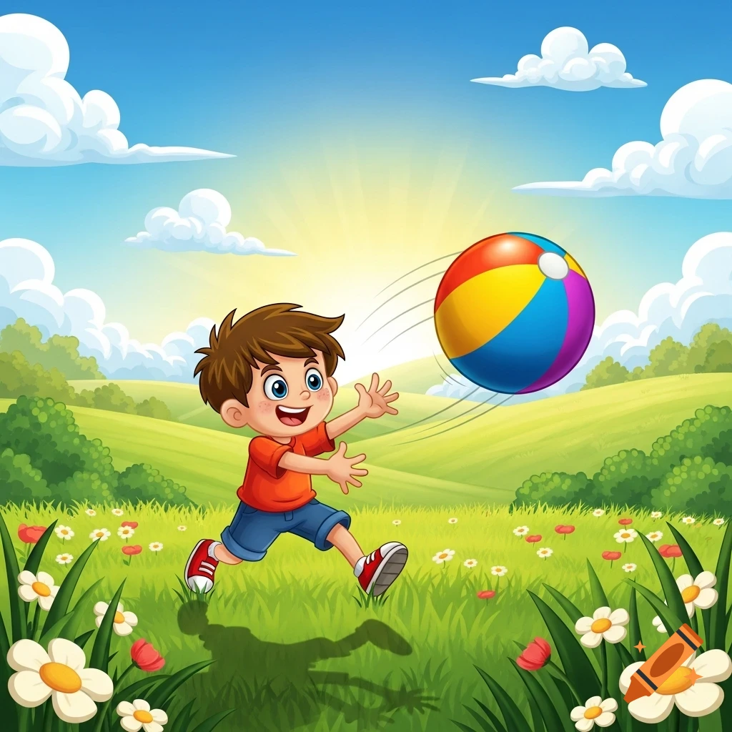 A happy cartoon boy in a red shirt and blue shorts runs in a sunny green field, reaching for a colorful beach ball.