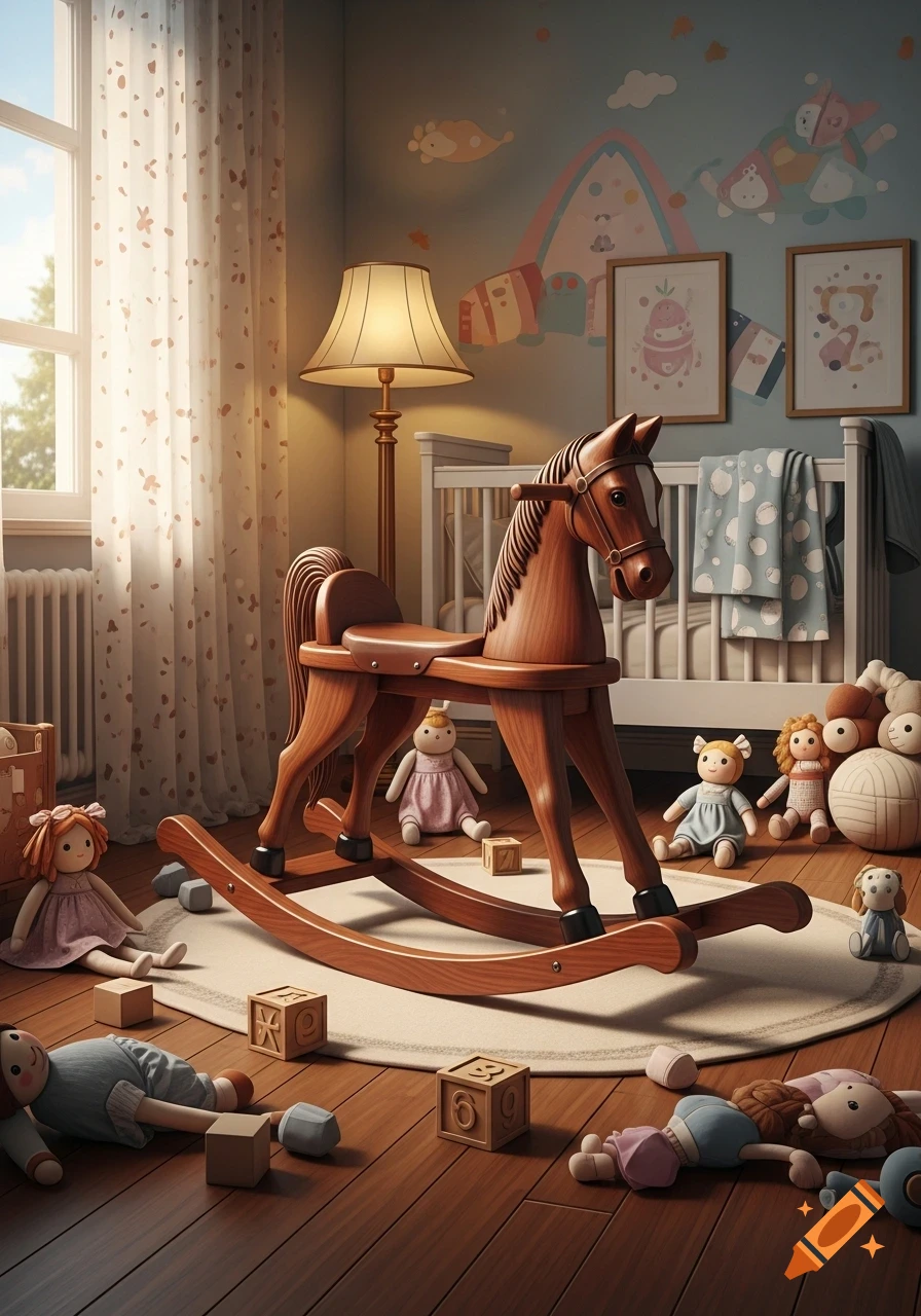 A photorealistic image of a wooden rocking horse surrounded by dolls and wooden blocks in a child's nursery with a crib, lamp, and window.