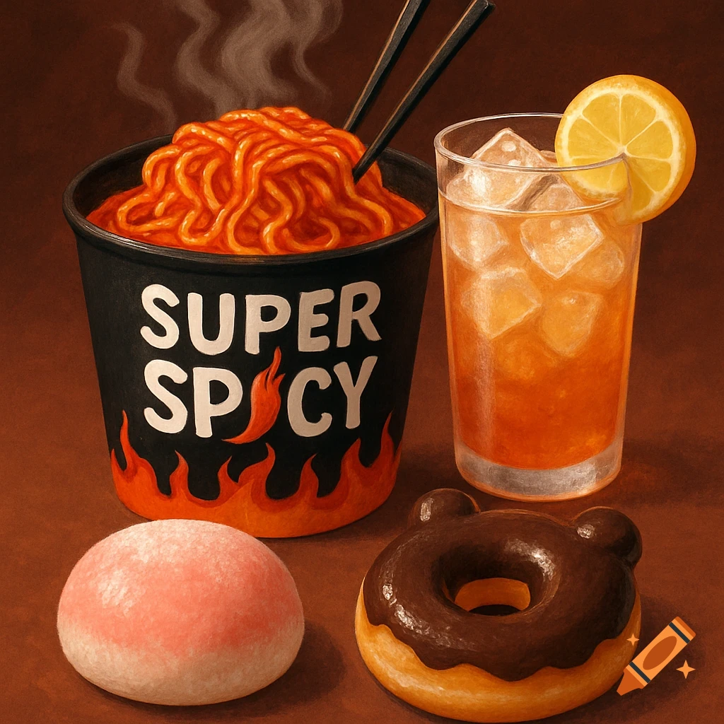 A vibrant illustration of a super spicy ramen cup, an iced tea with lemon, a pink mochi, and a bear-shaped chocolate donut.