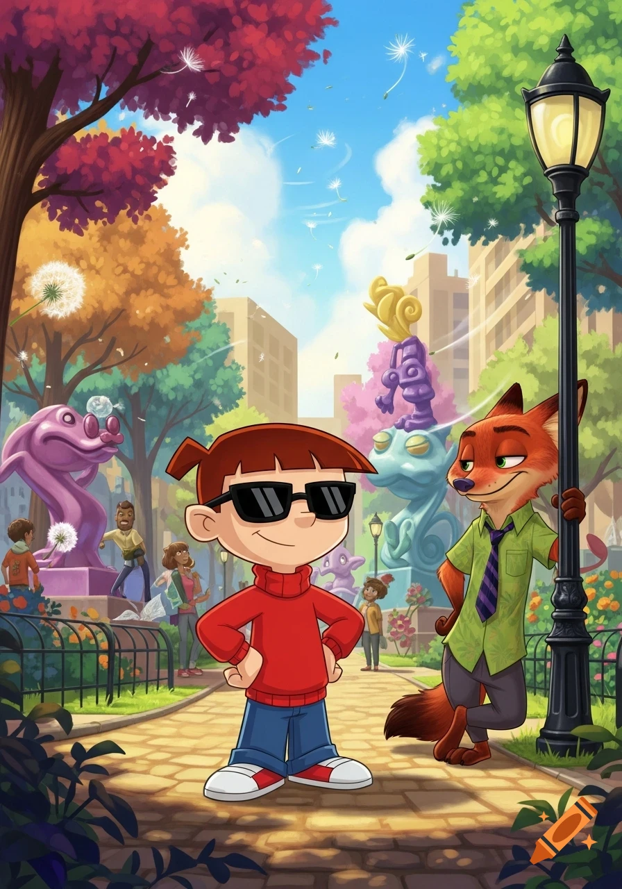 Cartoon characters Numbuh 1 wearing sunglasses and Nick Wilde from Zootopia in a vibrant park with colorful trees, abstract sculptures, and dandelions floating in the air.