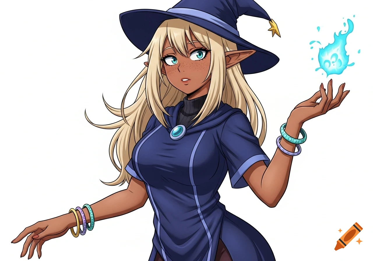 Anime elf witch with blonde hair, caramel skin, and a blue hat, conjuring a blue flame.