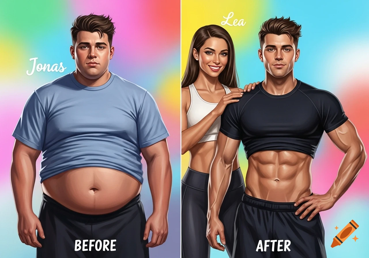 Illustration of a man's before and after fitness transformation, from overweight to muscular, with a female fitness model.