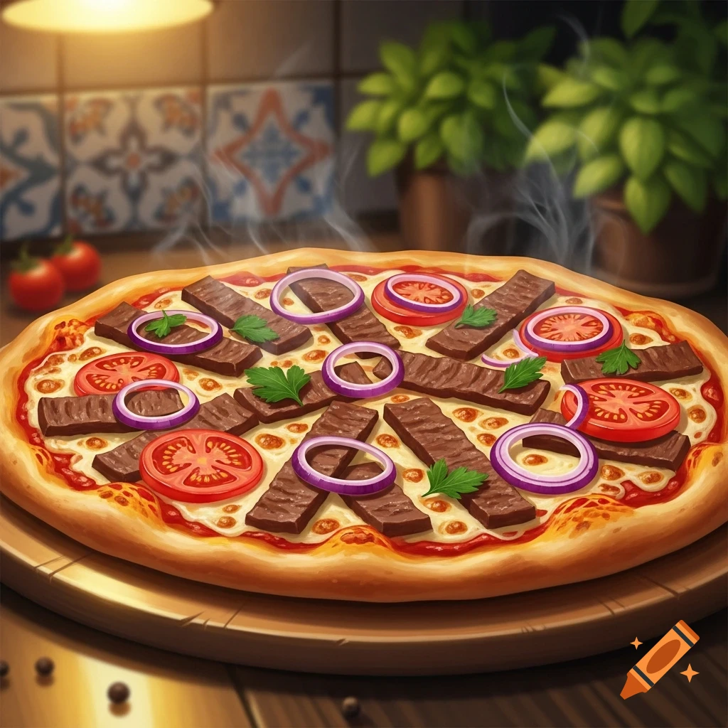 A close-up, top-down view of a hot pizza topped with sliced meat, red onion rings, tomato slices, and fresh parsley, steaming on a wooden board.