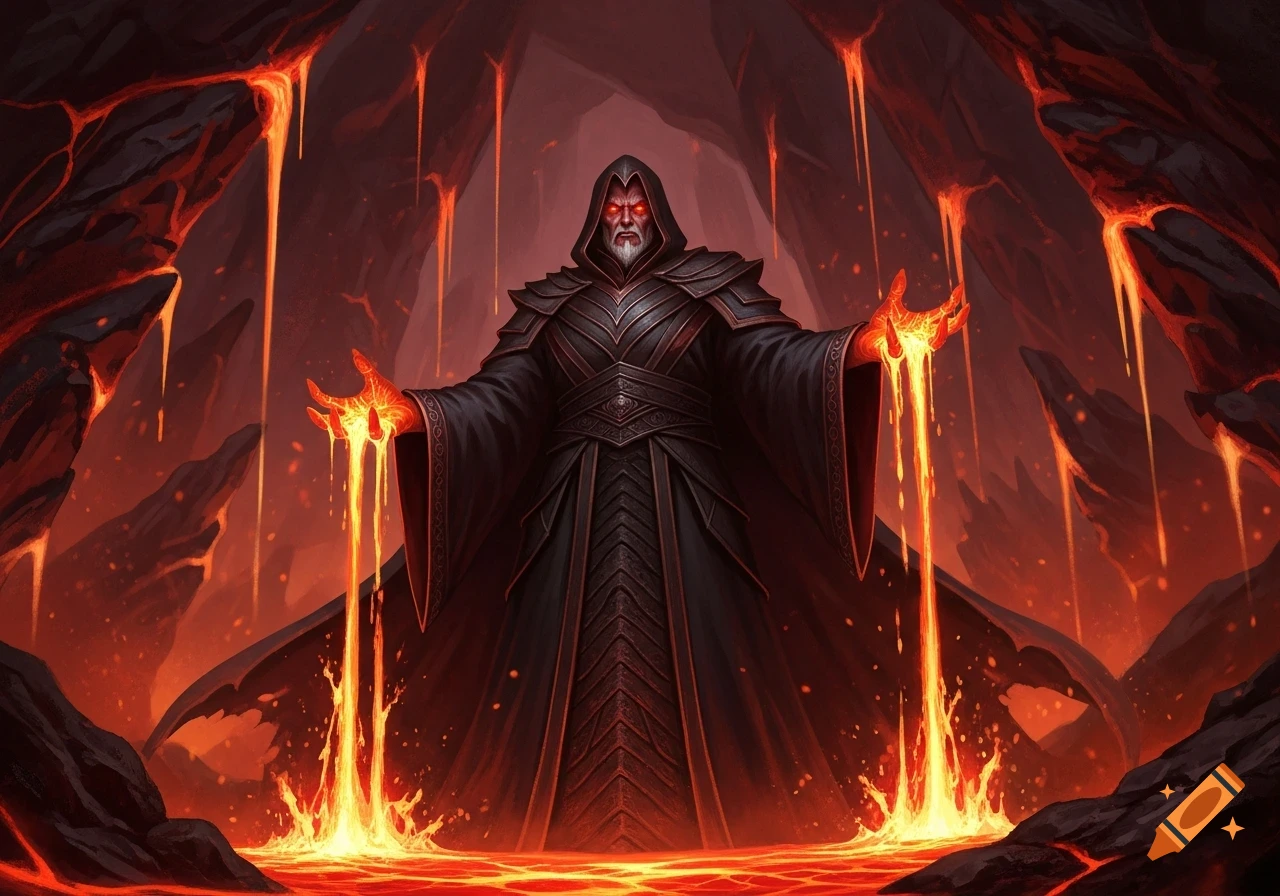 A robed sorcerer with glowing red eyes stands in a volcanic cave, summoning streams of molten lava from his outstretched hands.