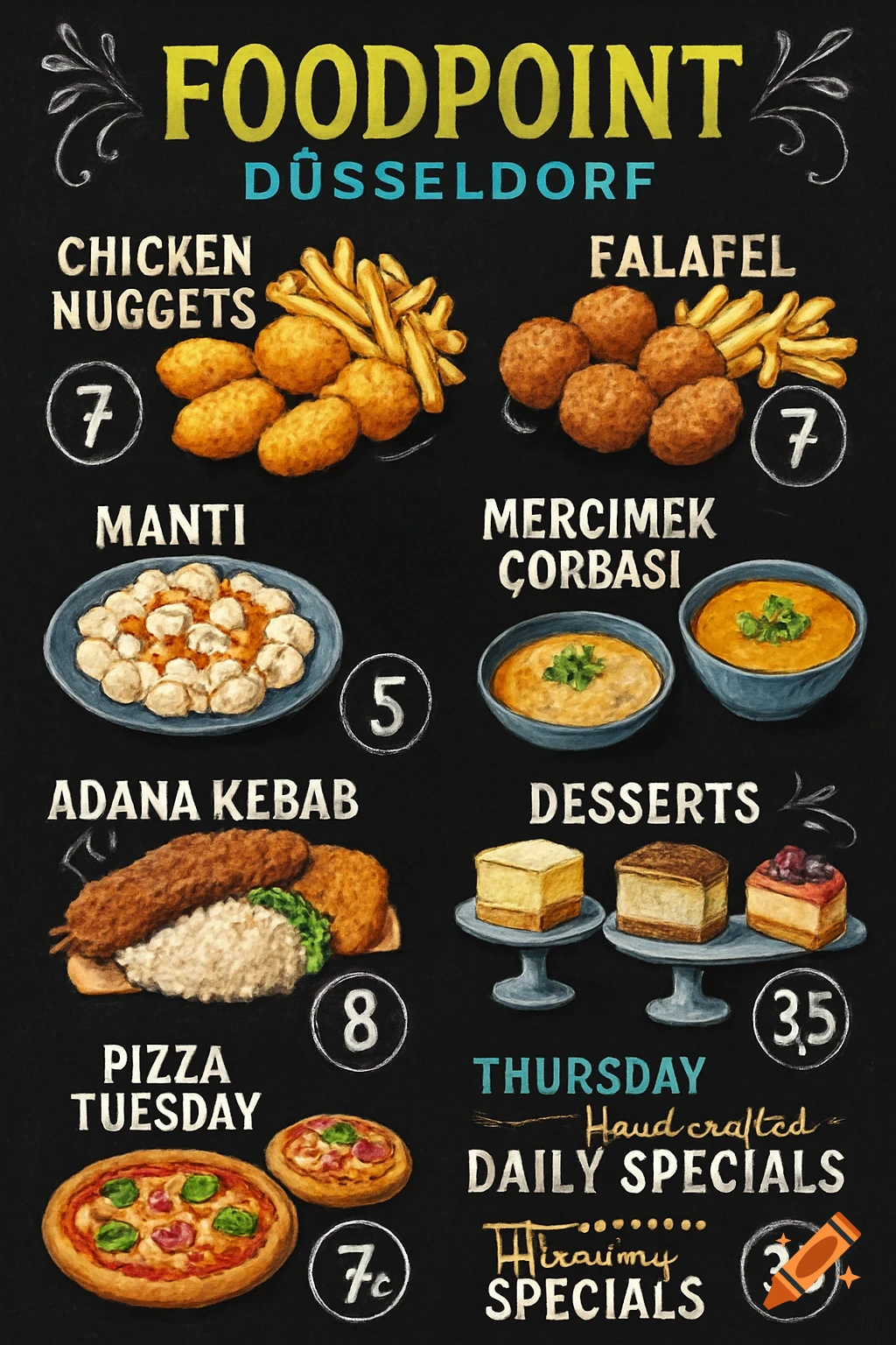 A chalkboard menu for Foodpoint Düsseldorf with illustrations of various dishes like chicken nuggets, falafel, manti, Adana kebab, pizzas, lentil soup, and cheesecakes, along with prices.