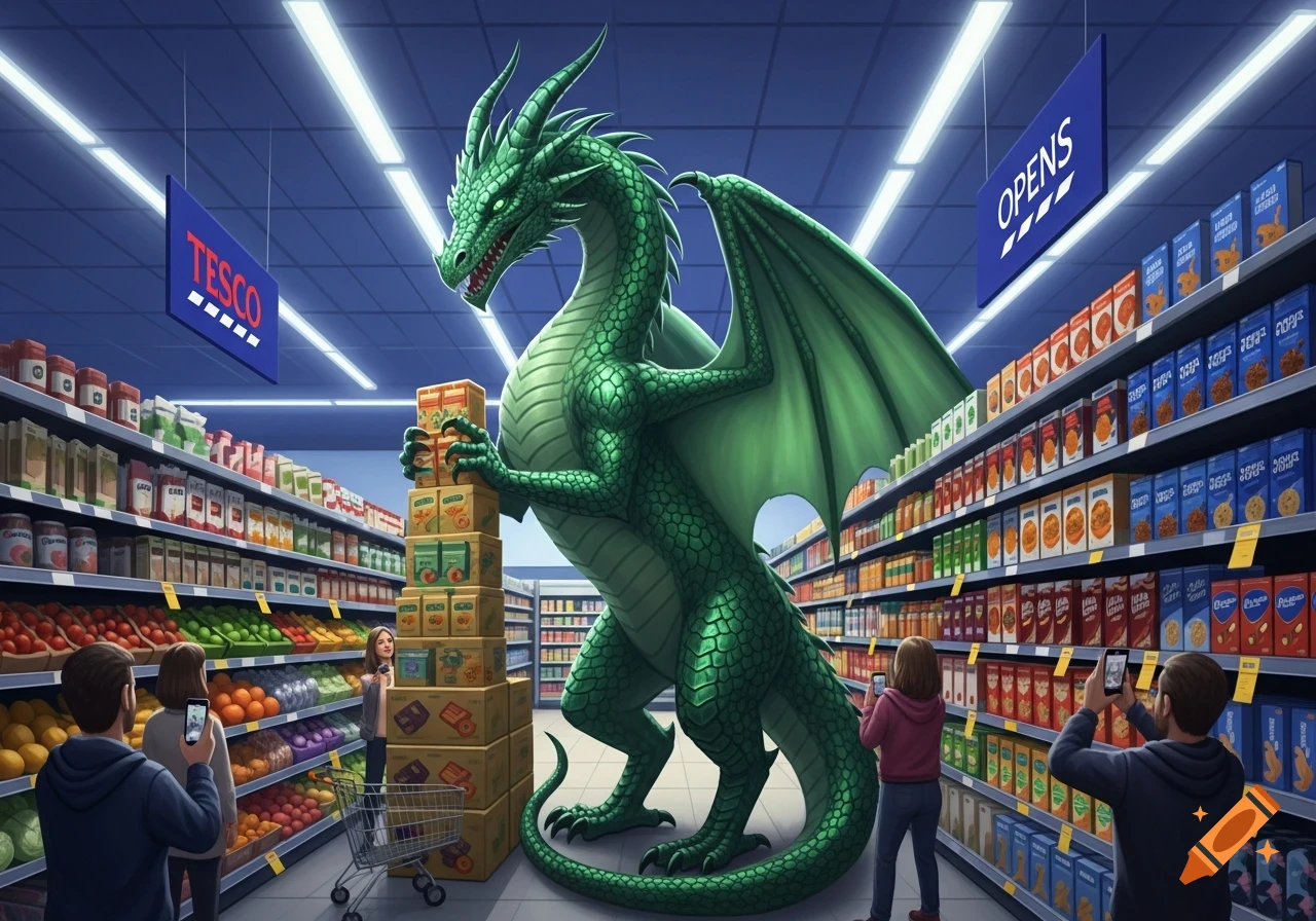 A large green dragon stands in a brightly lit supermarket aisle, stacking boxes, while people take photos. Signs say "TESCO" and "OPENS".
