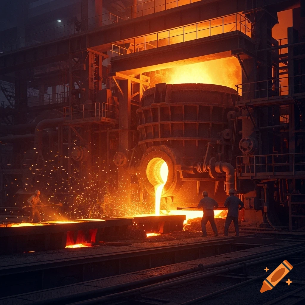 Photorealistic image of workers pouring molten metal in a glowing steel furnace with sparks flying.