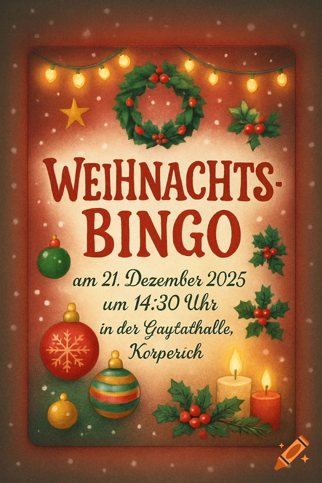 A festive red Christmas bingo flyer with text in German, featuring string lights, a wreath, holly, ornaments, and lit candles.