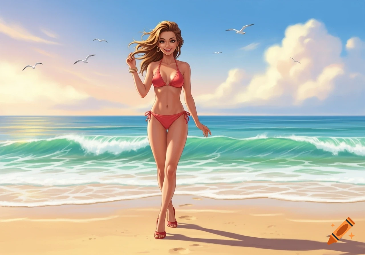 A smiling woman in a red bikini and high heels walks on a sunny beach with waves and seagulls under a blue sky.