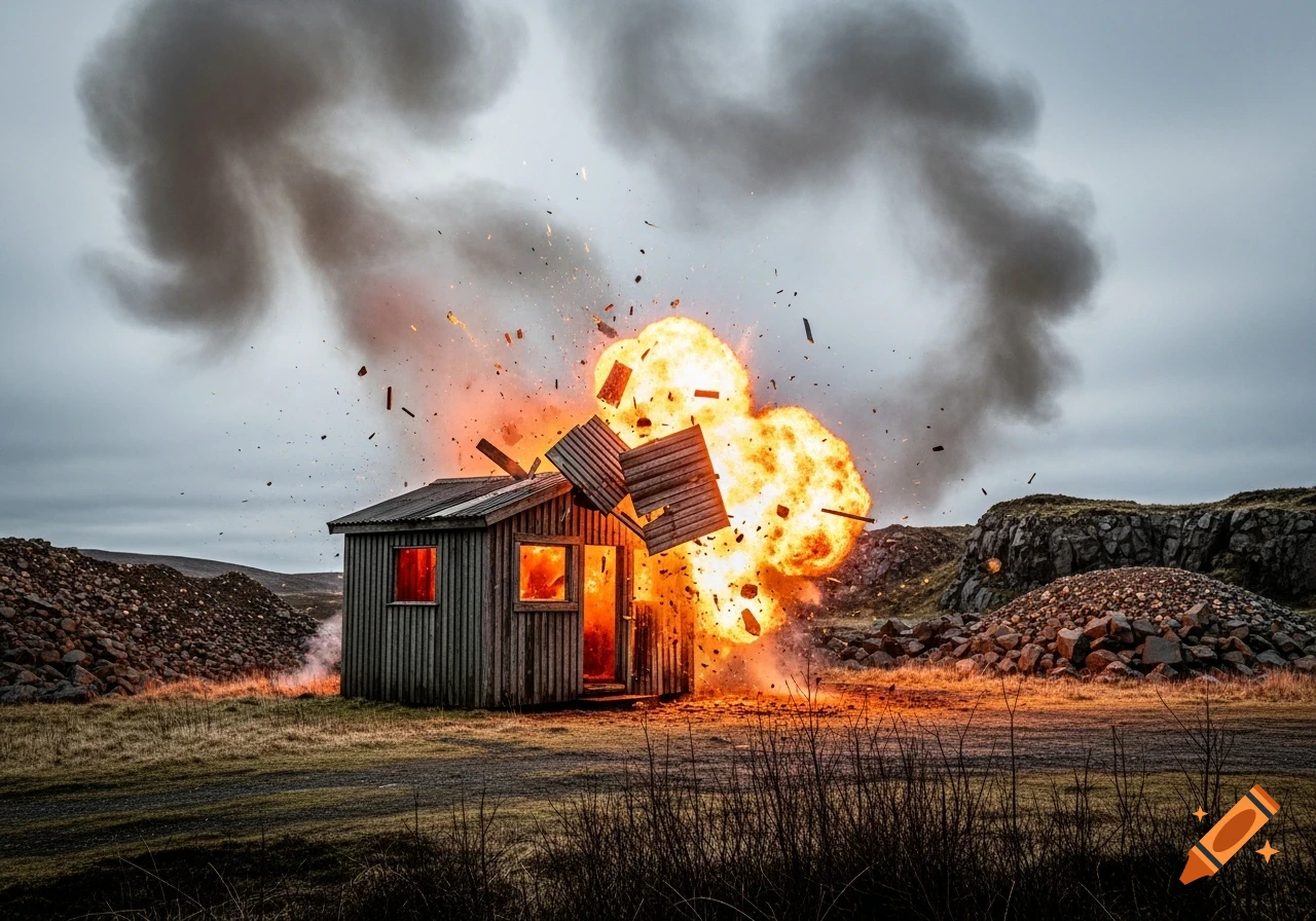 A small wooden shed violently exploding with a bright orange fireball and thick dark smoke against a grey sky, in a rocky, barren landscape.