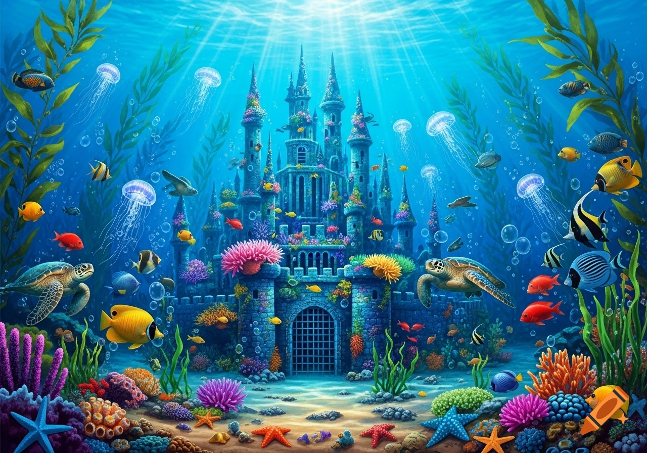 Vibrant underwater castle surrounded by colorful coral reefs, fish, sea turtles, and jellyfish, with rays of light from above.
