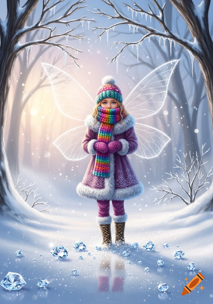 A winter fairy in a purple coat, colorful hat, and scarf stands among sparkling diamonds in a snowy forest.