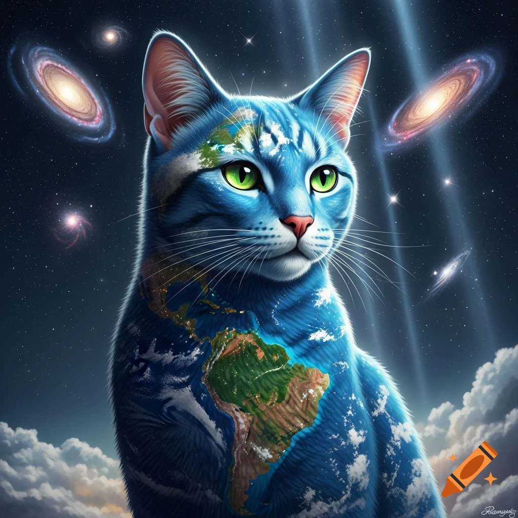 A blue cat with Earth's continents on its fur, gazing at a starry sky with galaxies and clouds.