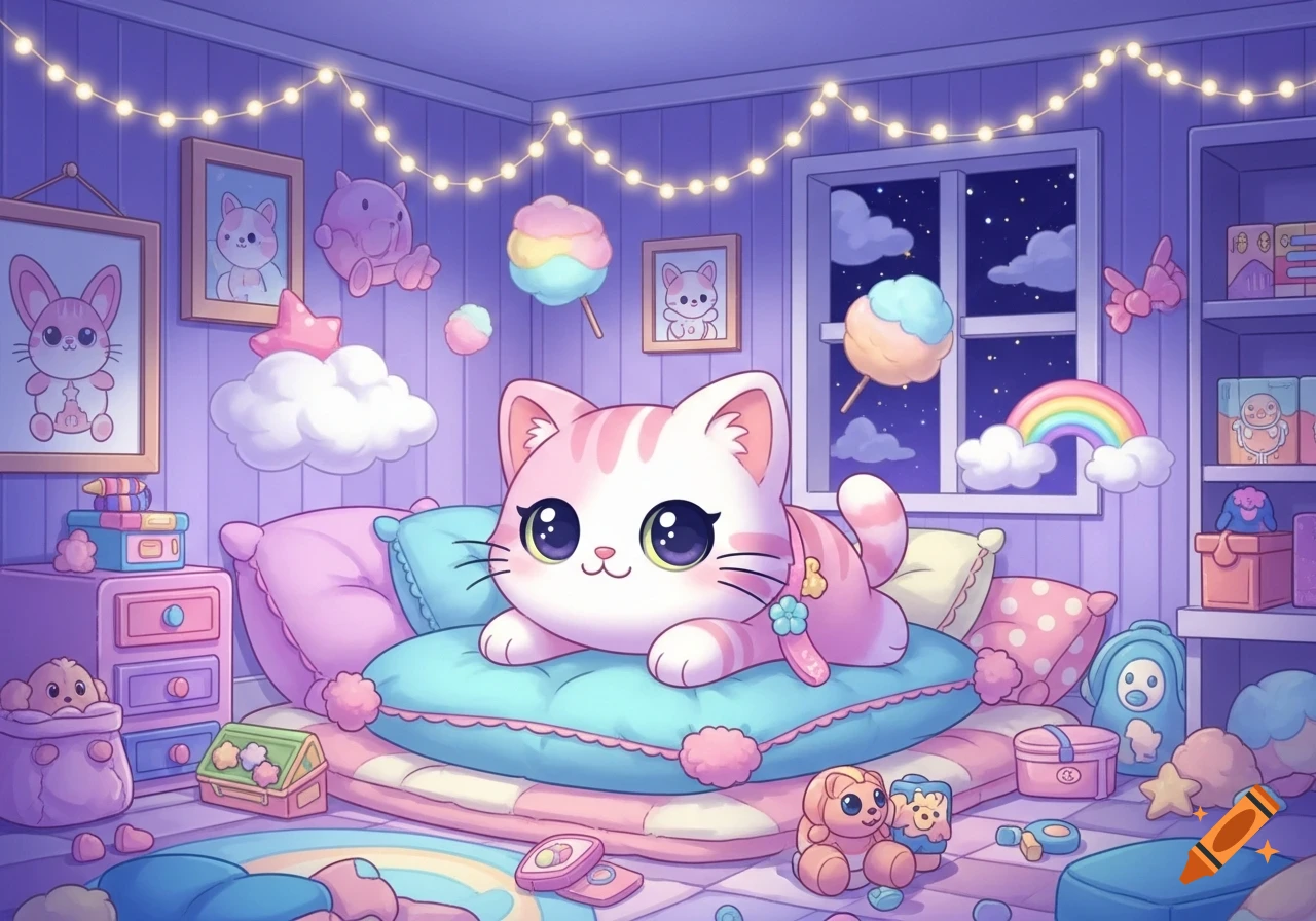 A cute, pink and white striped cartoon cat with big eyes lies on a blue pillow in a pastel-colored room decorated with string lights and toys.