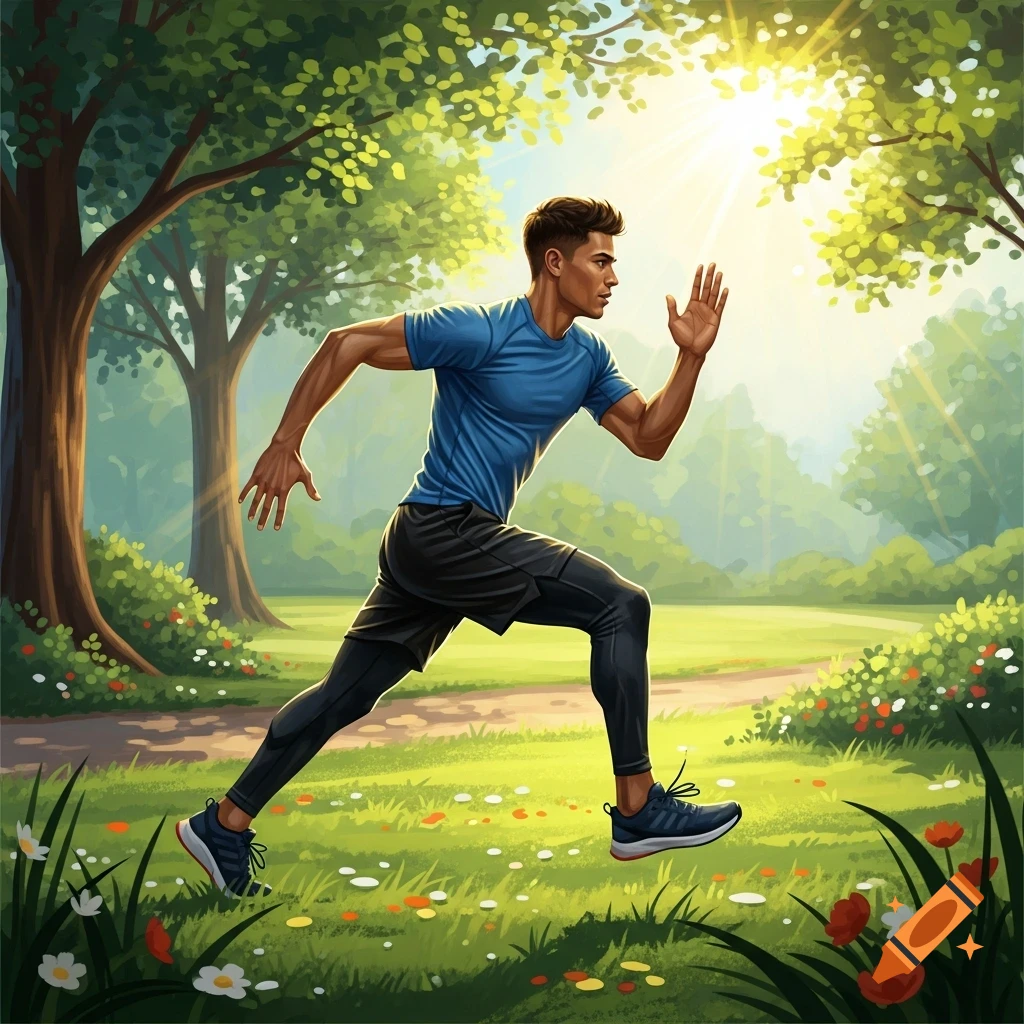 Man in blue shirt and dark shorts running on a path in a sunlit park with trees and grass.