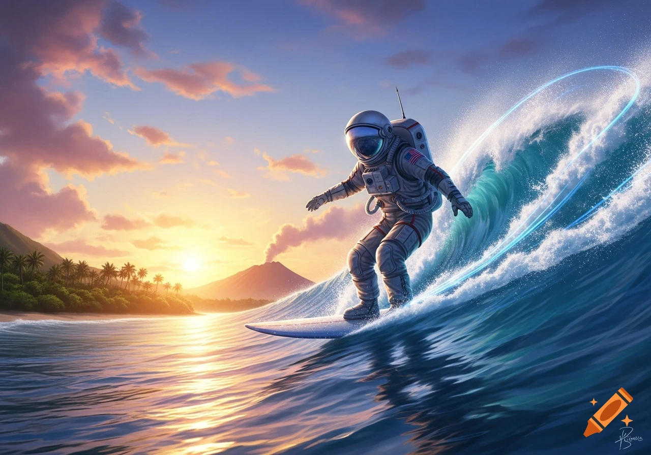 An astronaut surfs a glowing blue wave past a tropical island with a smoking volcano at sunset.