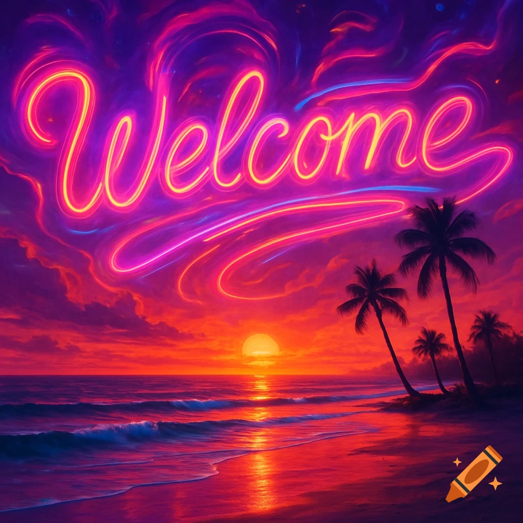 Vibrant neon 'Welcome' sign in a swirling purple and pink sky over a sunset beach with palm trees.