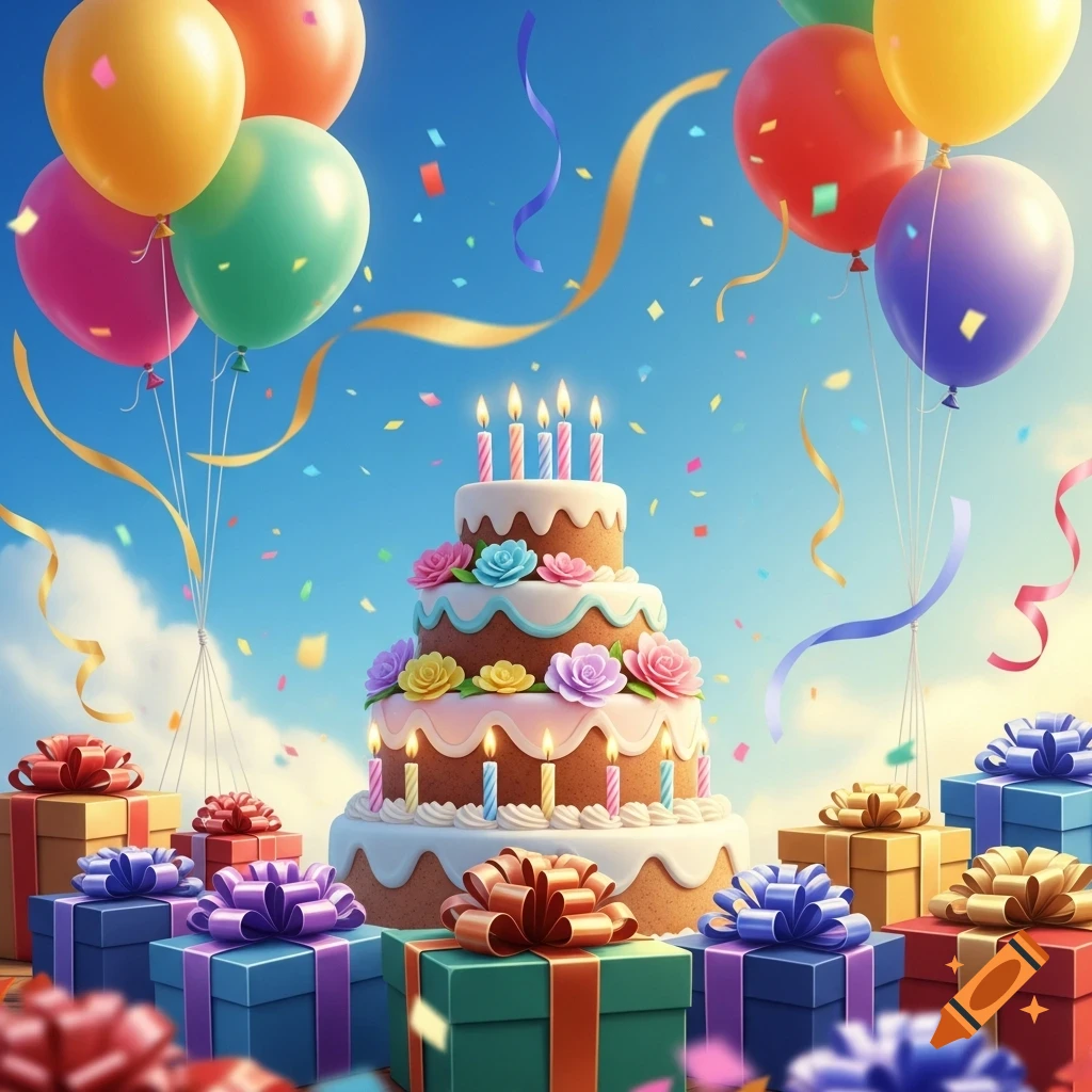 A multi-tiered birthday cake with lit candles and floral decorations, surrounded by wrapped gift boxes and colorful balloons under a blue sky with confetti.