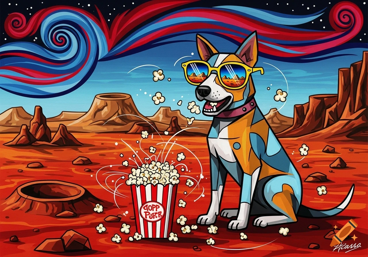A cubist-style dog in yellow sunglasses eats popcorn on a red Martian landscape with abstract swirls in the sky.