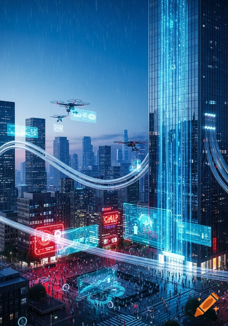 A futuristic city at night with drones, glowing blue data streams, and holographic displays, as rain falls over skyscrapers and busy streets.