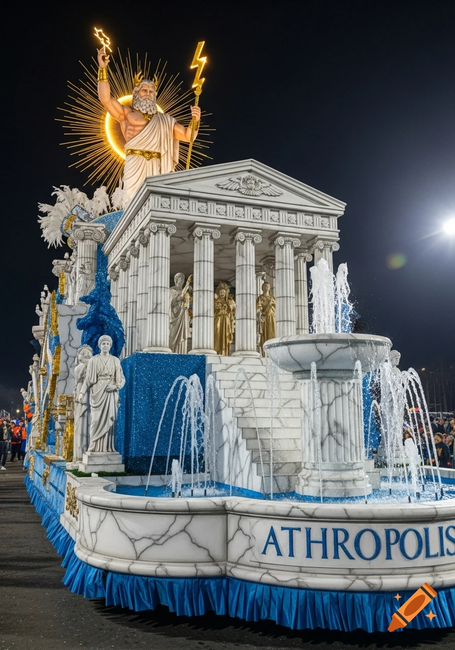 Photorealistic carnival float at night featuring a white marble Greek temple, a majestic Zeus statue with a glowing aura, and a fountain with 'ATHROPOLIS' on its base.