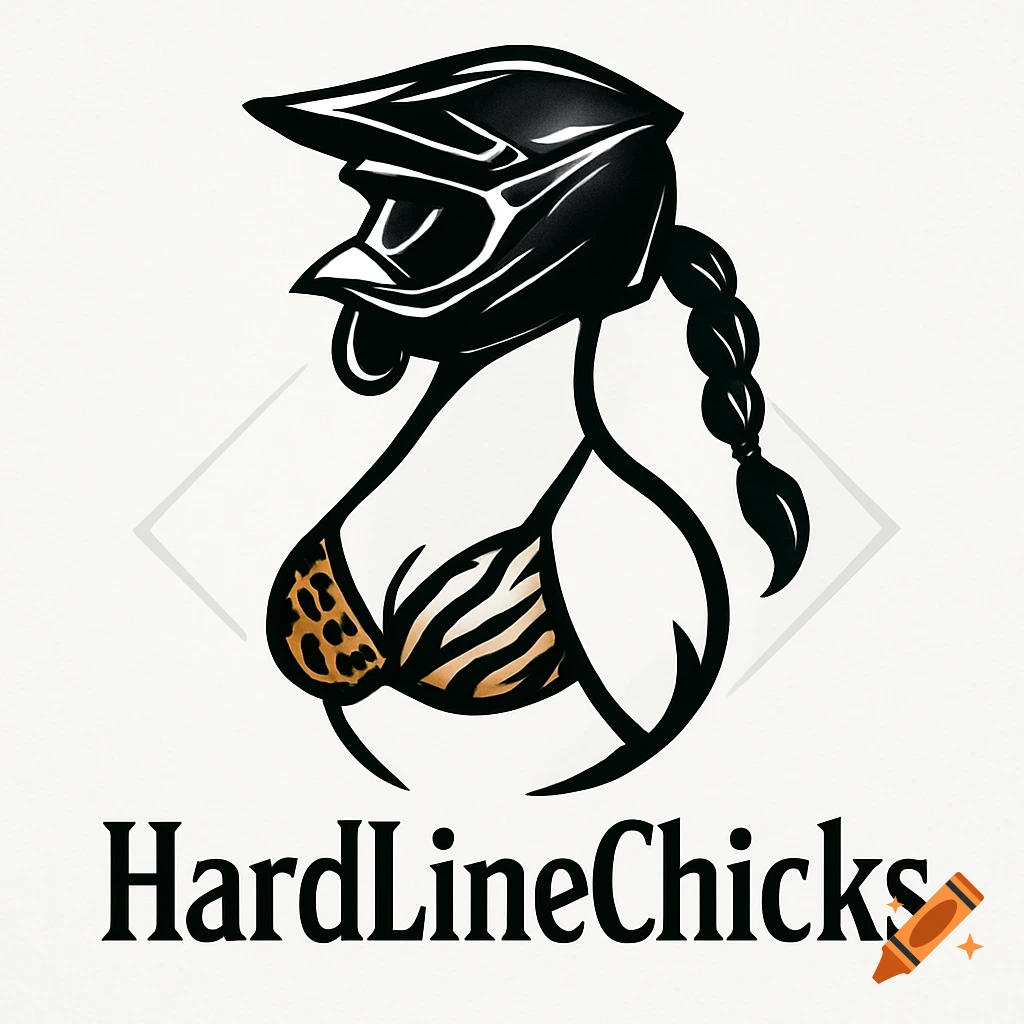 Stylized logo featuring a figure in a motocross helmet with a braid and animal print bikini top, above the text HardLineChicks.