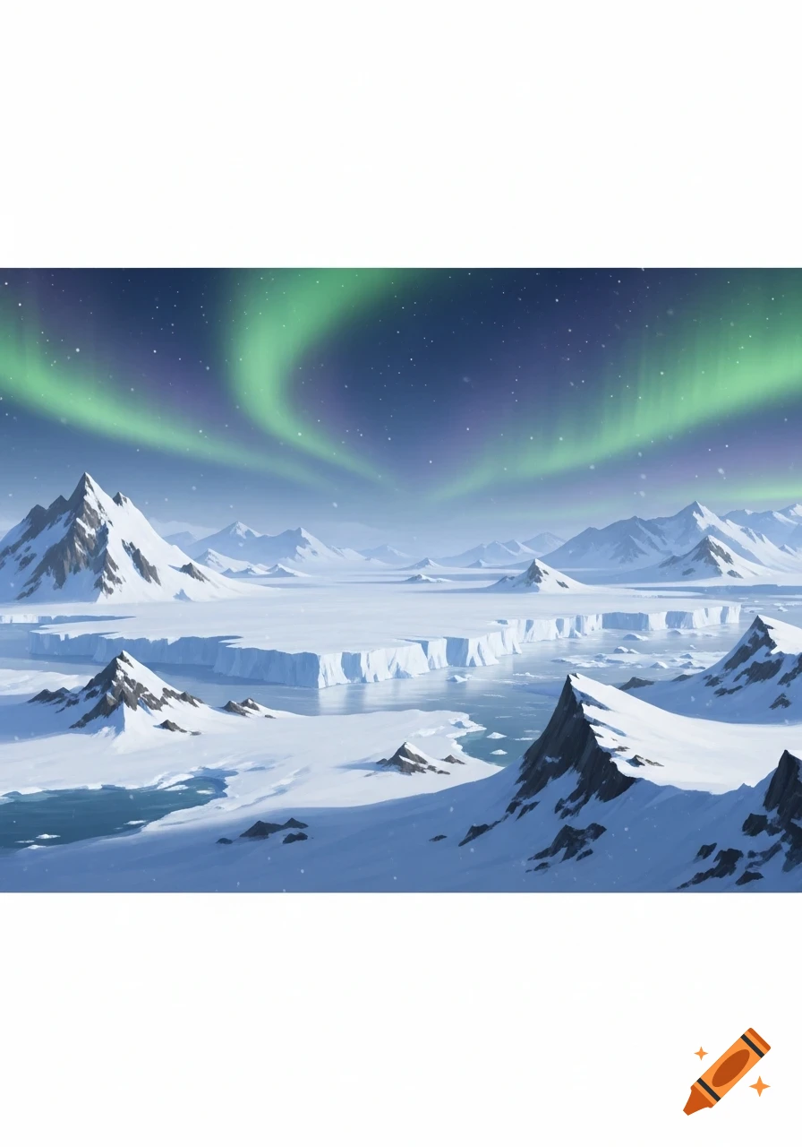 A stylized Antarctic landscape with snow-covered mountains, icy plains, open water, and a vibrant green aurora borealis in a starry night sky.