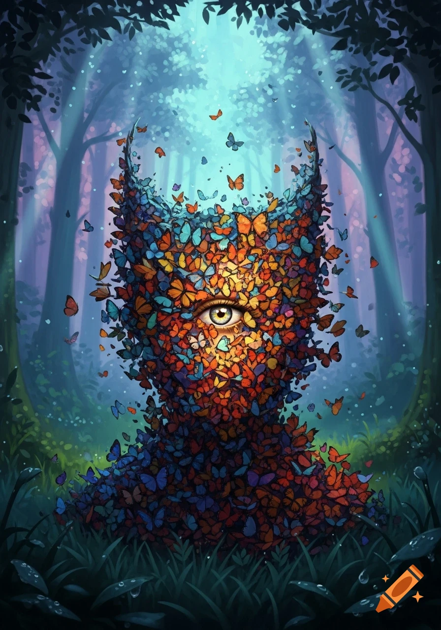 Digital painting of a mystical bust formed by a swarm of colorful butterflies, with a single luminous eye, in a dark, ethereal forest.